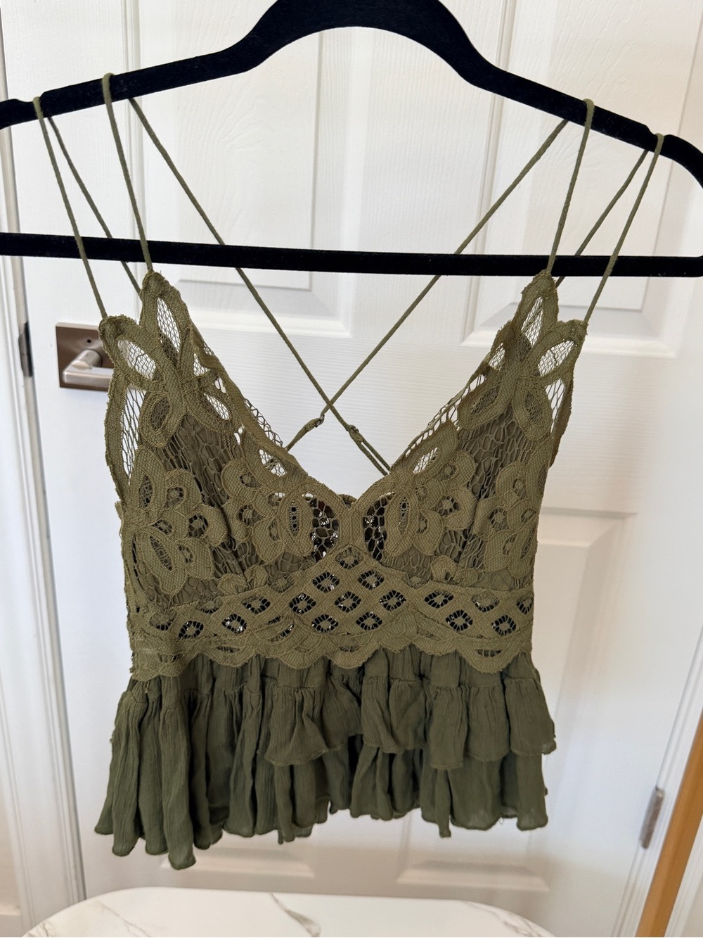 Free People Olive Green Lace Crochet Peplum Cami Top
